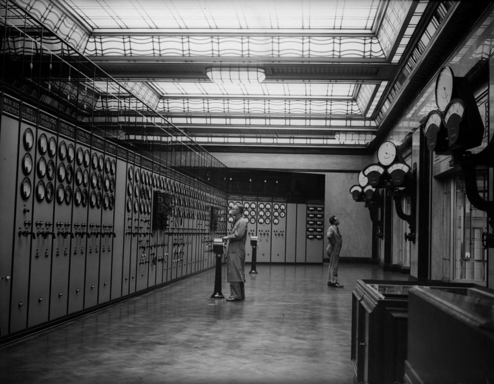 Battersea: 10th July 1933:  The control room of Battersea Power Station, from which the feeders supply various regions of London with electricity. (Getty Images)