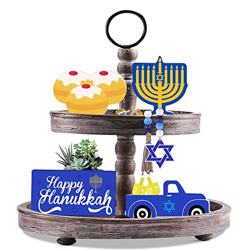 Hanukkah Decorations for Home, 5PCS Happy Hanukkah Wooden Signs Table Centerpiece Decor—Menorah Dreidel Bead Garland with Star of David, Hanukkah Tiered Tray Decor Holiday Shelf Display Chanukah Gifts