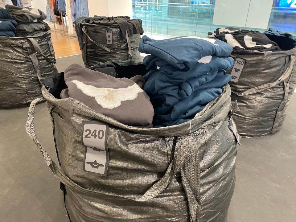 Bags full of Yeezy clothes at a New Jersey Gap store on August 17, 2022.