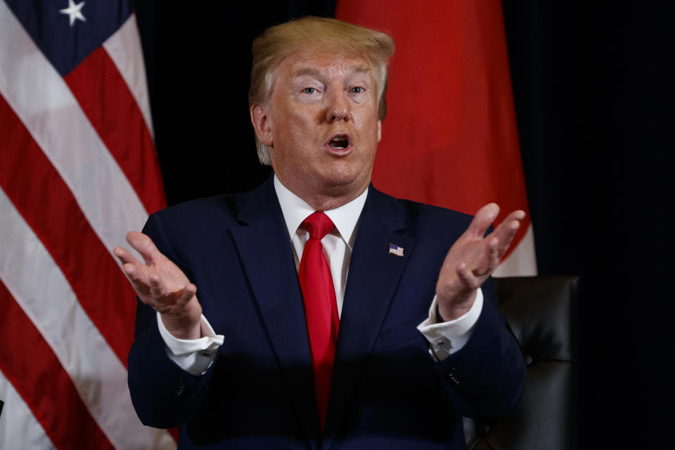 President Donald Trump speaks during a meeting with Japanese Prime Minister Shinzo Abe at the InterContinental Barclay New York hotel during the United Nations General Assembly, Wednesday, Sept. 25, 2019, in New York. (AP Photo/Evan Vucci)