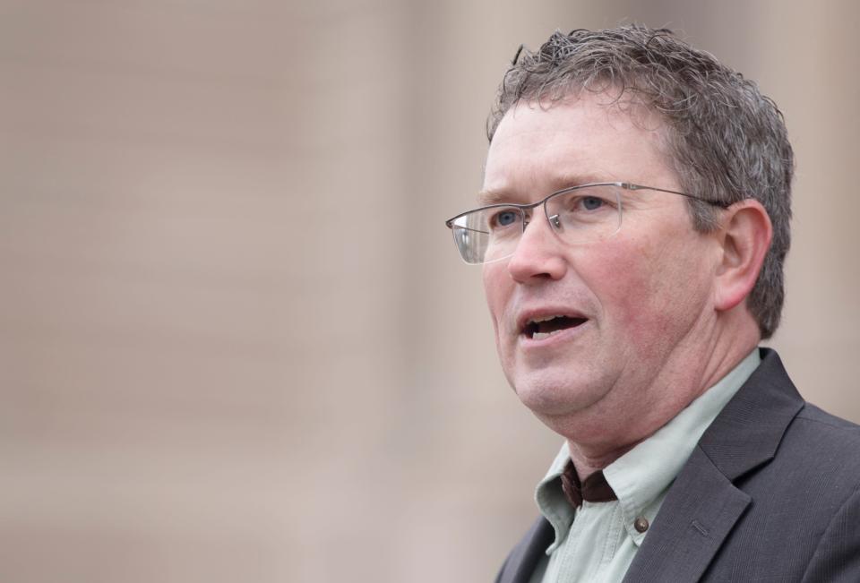 U.S. Rep. Thomas Massie, R-Ky., speaks at a Second Amendment rally outside the Kentucky State Capitol building in Frankfort on Jan. 31.