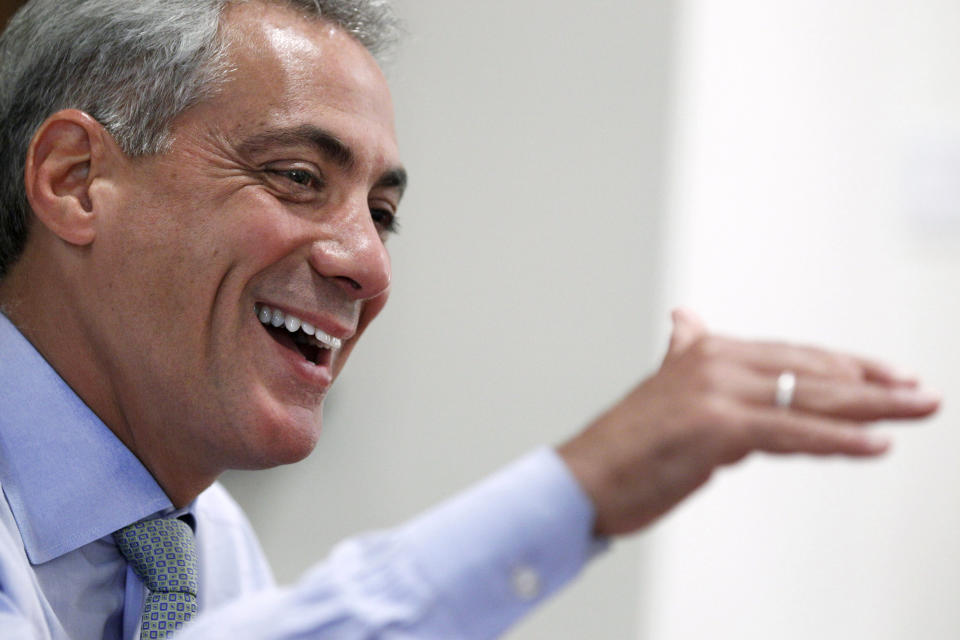 FILE - In this Aug. 9, 2011, file photo, Chicago Mayor Rahm Emanuel speaks during an interview with The Associated Press at his office in Chicago. Emanuel, a Democratic congressman and chief of staff to President Barack Obama before becoming mayor in 2011, announced Tuesday, Sept. 4, 2018, that he won't seek a third term in 2019. (AP Photo/M. Spencer Green, File)