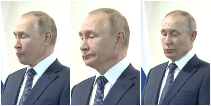 Three stills of President Vladimir Putin in Iran, waiting to meet President Recep Tayyip Erdogan on July 19, 2022. He makes various awkward faces.
