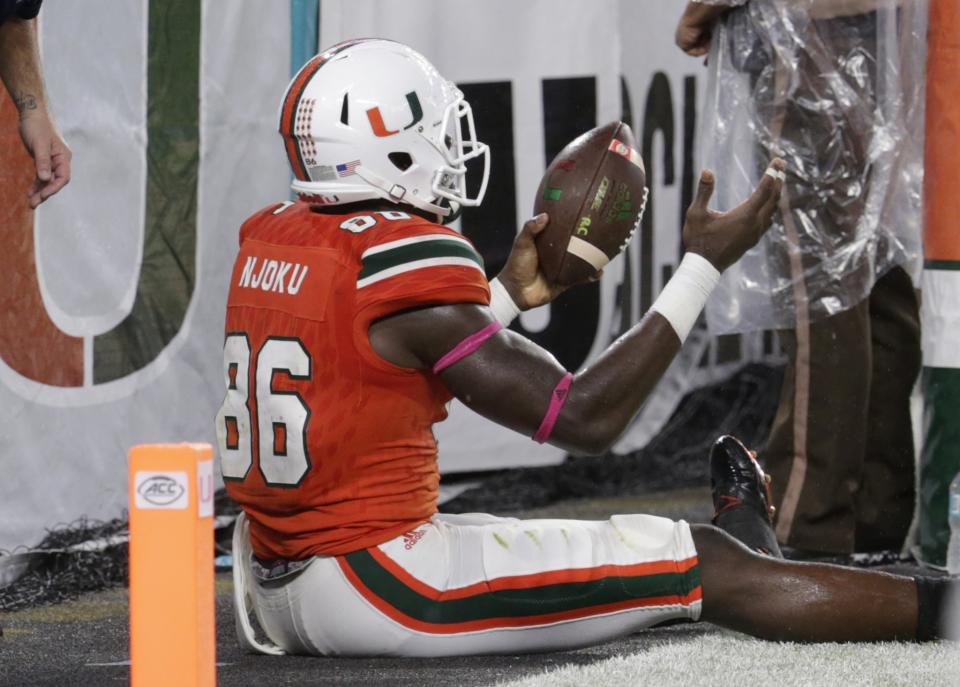 Miami (Fla.) TE David Njoku can heat up quickly but has a lot to learn. (AP)