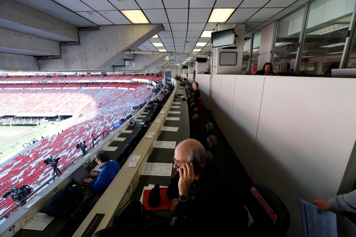 Claude Felton, the Loran Smith Senior Associate Athletic Director at Georgia, sits in the press box before the start of a NCAA college football game against Missouri in Athens in 2023. Georgia won 30-21.