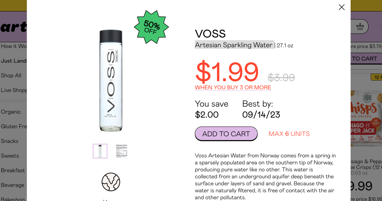 screen shot of Voss Artesian Sparkling Water on Martie website