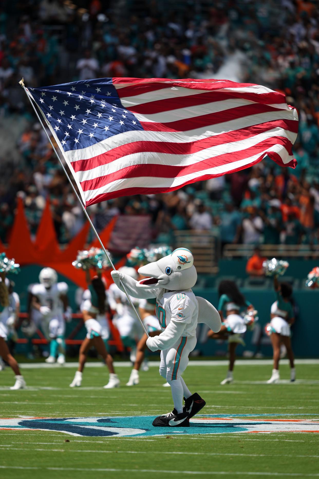 Sep 11, 2022; Miami Gardens, Florida, USA; Miami Dolphins mascot T.D. waives an American flag prior to kickoff between the Miami Dolphins and New England Patriots at Hard Rock Stadium. Mandatory Credit: Jasen Vinlove-USA TODAY Sports