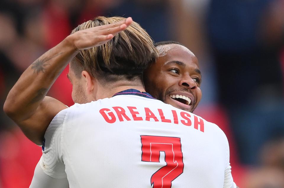 Raheem Sterling of England celebrates with Jack Grealish (Getty)