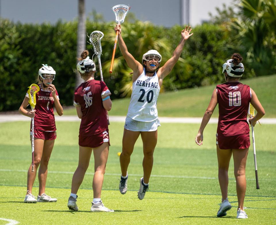 Chiara Scichilone of American Heritage celebrates scoring the teams first goal against Episcopal during their Class 1A state semifinal game in Naples on Friday, May 10, 2024. Heritage won 17-3. Photo by Darron R, Silva/Special to USA Today Network-Florida