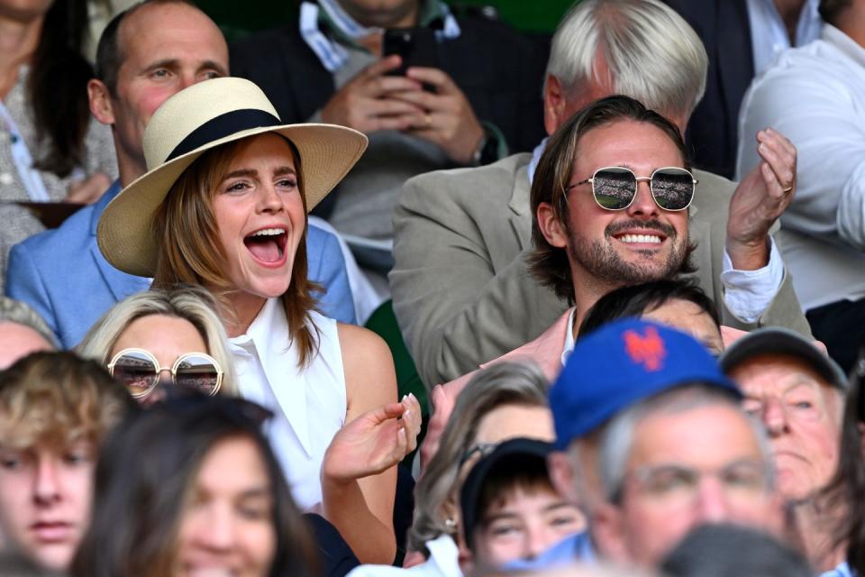 london, england july 16 emma watson l watches carlos alcaraz vs novak djokovic in the wimbledon 2023 mens final on centre court during day fourteen of the wimbledon tennis championships at the all england lawn tennis and croquet club on july 16, 2023 in london, england photo by karwai tangwireimage