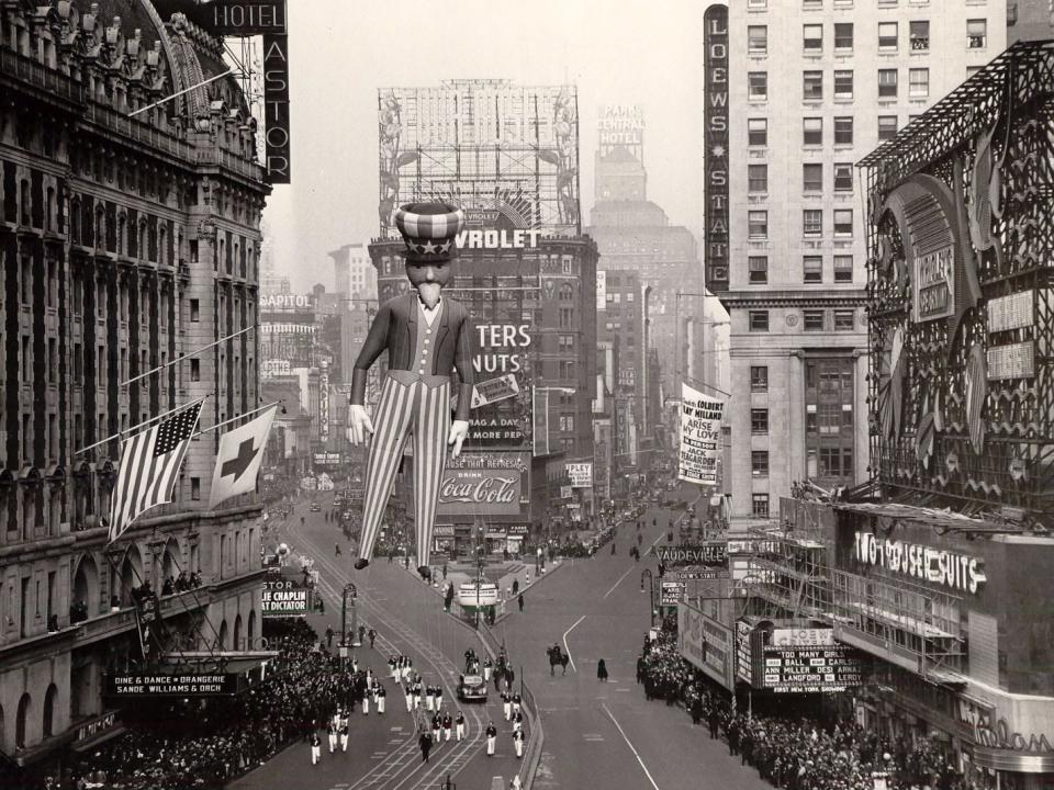 An Uncle Sam float in the Macy's Thanksgiving Day parade in the 1940s