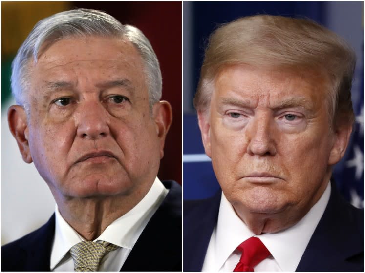 This combination of file photos shows Mexican President Andres Manuel Lopez Obrador, left, on Nov. 29, 2019, in Mexico City and President Donald Trump on April 17, 2020, in Washington. The COVID-19 pandemic could have been a fraught moment for U.S.-Mexico relations — two leaders from opposite ends of the political spectrum facing the largest crisis ever confronted by either administration. Instead, Trump and López Obrador are carrying on like old pals. (AP File Photo)