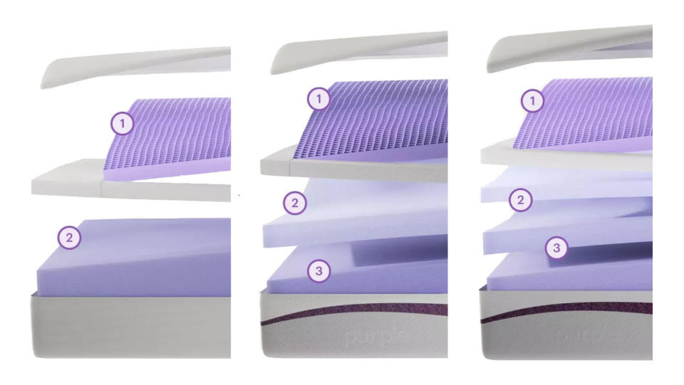 Inside the PurpleFlex (left) compared to the Purple Original (center) and Purple Plus (left)