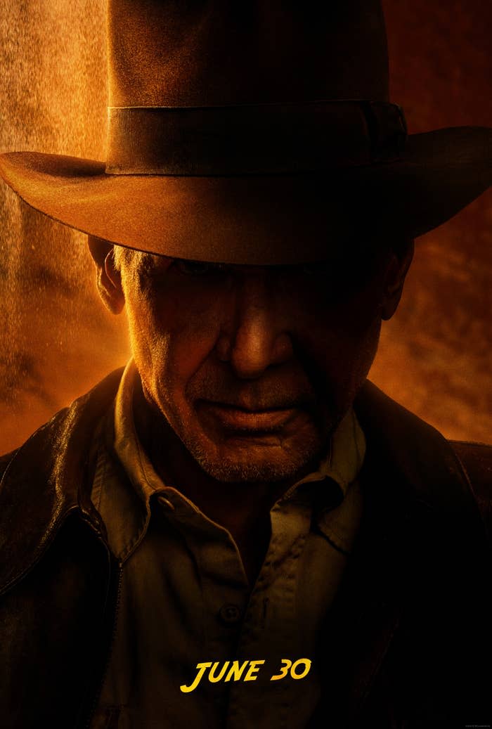 Close-up of Indiana Jones in a hat with the caption "June 30"