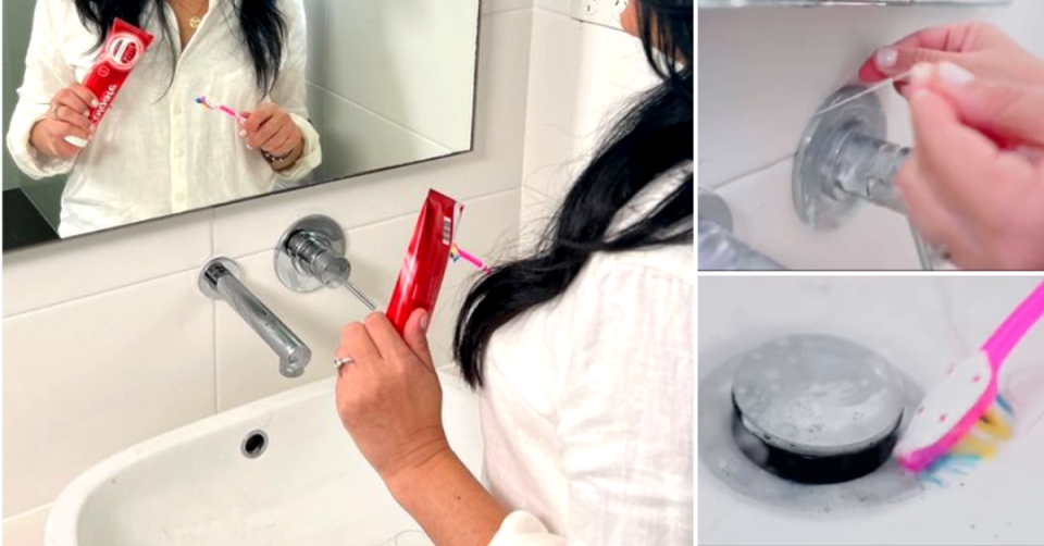 Video stills showing a cleaning hack using toothpaste, a toothbrush and floss to clean the bathroom sink.