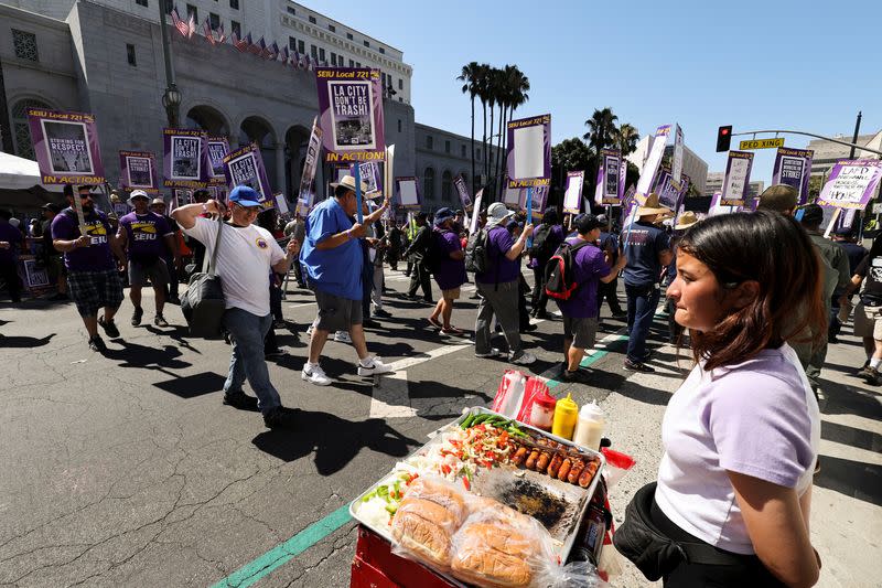 Los Angeles city workers hold a rally in protest over labor negotiations, in Los Angeles
