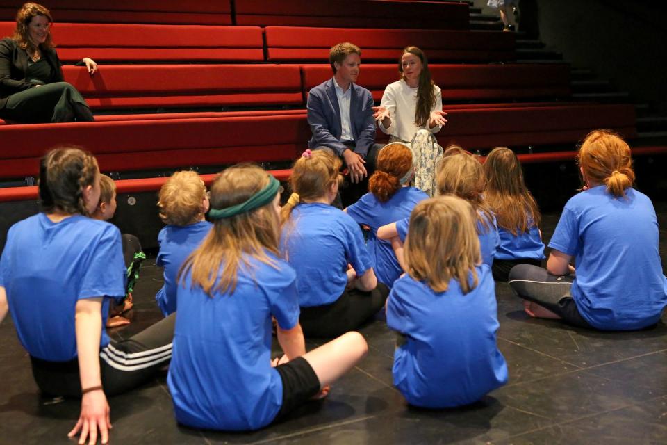 the duke of westminster and miss henson chat with members of cheshire dance at storyhouse in chester