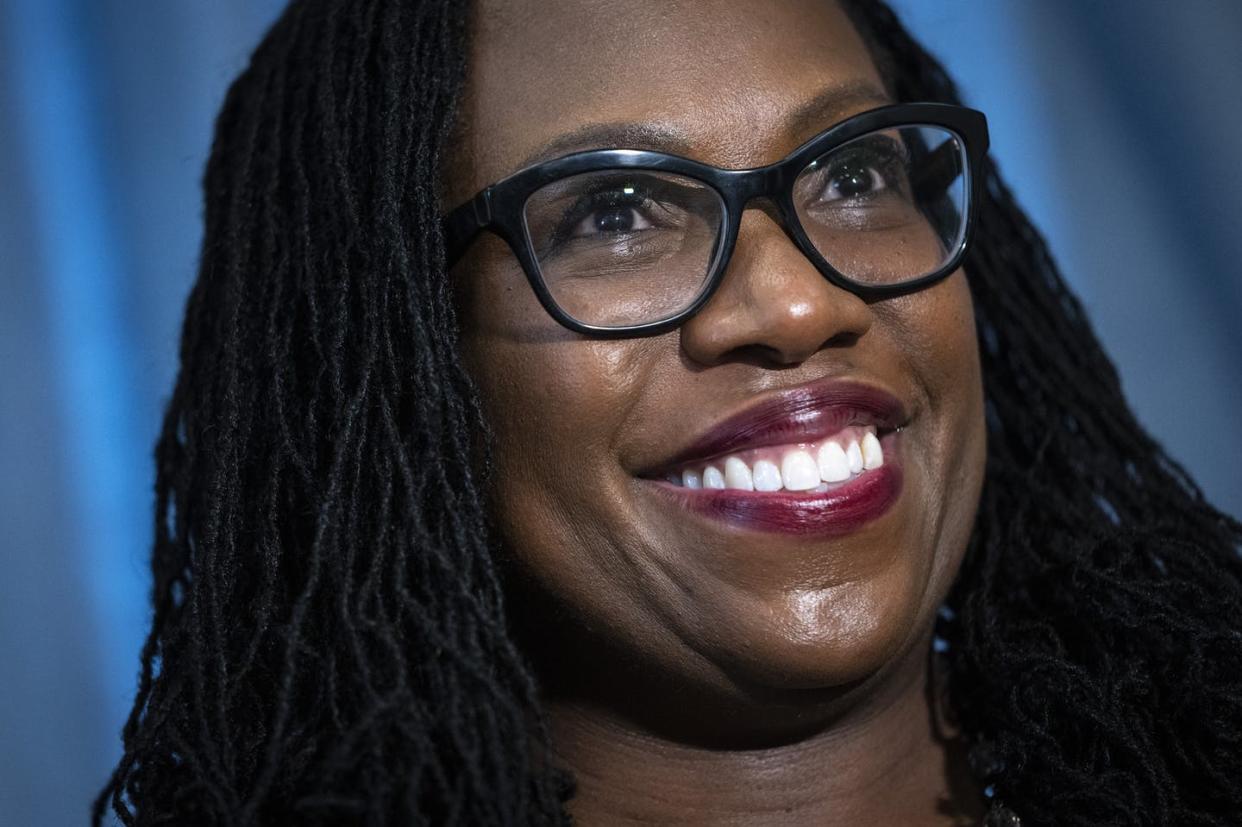 <span class="caption">The next Supreme Court justice?</span> <span class="attribution"><a class="link " href="https://www.gettyimages.com/detail/news-photo/supreme-court-nominee-ketanji-brown-jackson-smiles-during-a-news-photo/1239649334?adppopup=true" rel="nofollow noopener" target="_blank" data-ylk="slk:Drew Angerer/Getty Images;elm:context_link;itc:0;sec:content-canvas">Drew Angerer/Getty Images</a></span>