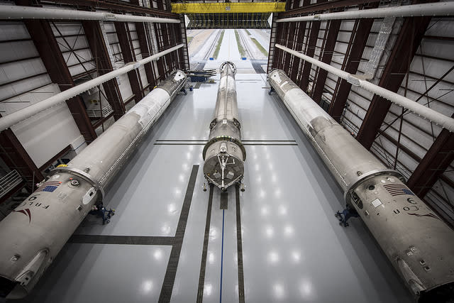 The three Falcon 9 first stages that SpaceX has successfully brought back down to Earth sit in a hangar at Kennedy Space Center’s Launch Complex 39A on May 14, 2016.