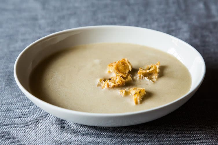 Roasted Garlic Soup with Olive Croutons by linzarella