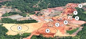 April 2023 aerial view of the Tucumã Project, including (A) administrative offices, laboratories, fuel station, and equipment maintenance area, (B) flotation and filtration, (C) ball mill, (D) crushed ore stockpile, (E) main substation, (F) secondary and tertiary crushers, and (G) primary crusher.