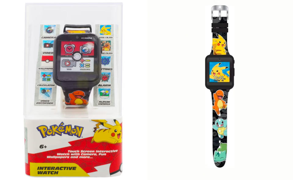 Two photos of a Kmart Pokémon smart watch on a white background