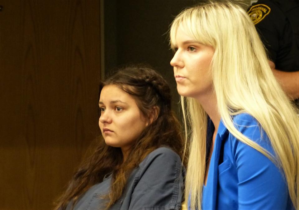 Macie Marie Silvey, left, appeared in Shasta County Superior Court on Friday, Aug. 11, 2023,  with her attorney, Deputy Public Defender, Shana Vegvary. Silvey has been charged with murder in the death of her 2-year-old daughter.