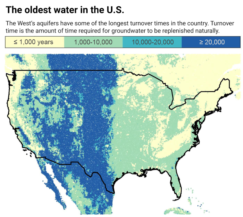 Average turnover times for groundwater in the U.S. Alan Seltzer, based on data from Befus et al 2017, <a href="http://creativecommons.org/licenses/by-nd/4.0/" rel="nofollow noopener" target="_blank" data-ylk="slk:CC BY-ND;elm:context_link;itc:0;sec:content-canvas" class="link ">CC BY-ND</a>