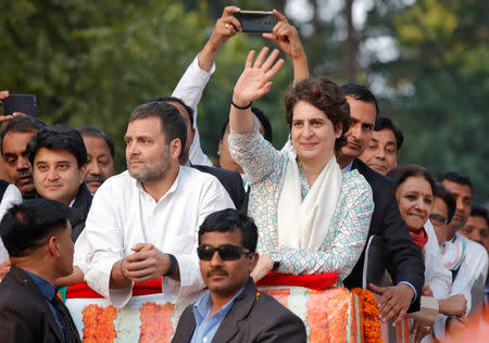 Priyanka Gandhi Vadra, a leader of India's main opposition Congress party and sister of the party president Rahul Gandhi, waves to her supporters during a roadshow in Lucknow, India, February 11, 2019. REUTERS/Pawan Kumar