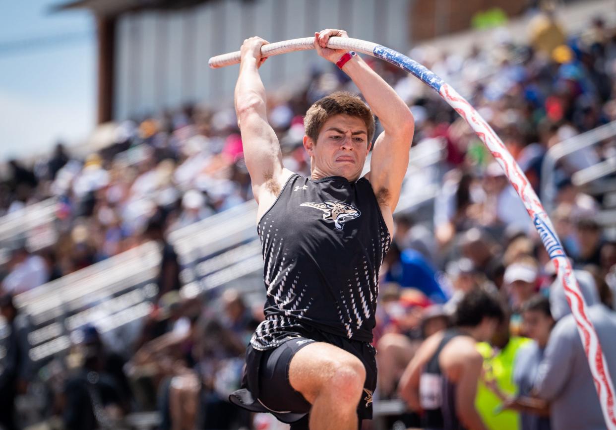 Ethan Saenz of Johnson earned a bronze medal in the Class 6A pole vault at the UIL state track and field meet Saturday at Myers Stadium. He will continue his academic and athletic career at UT-Arlington.