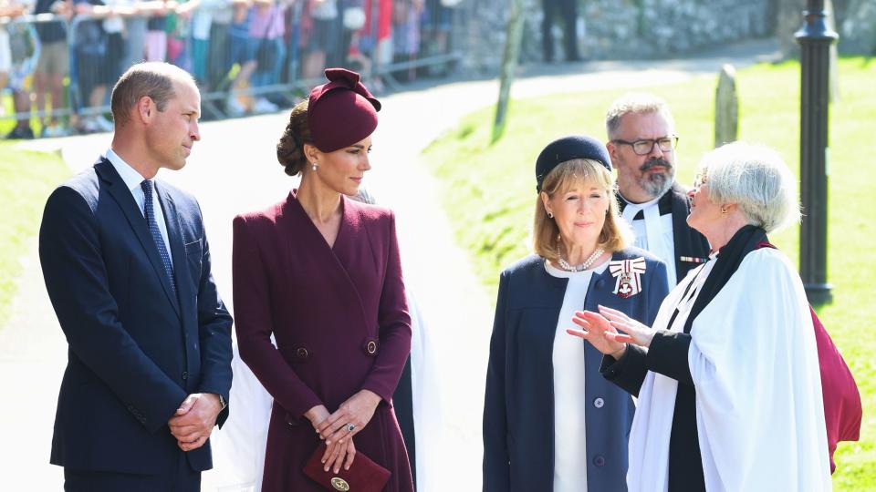 st davids, wales september 08 prince william, prince of wales and catherine, princess of wales arrive at st davids cathedral to commemorate the life of her late majesty queen elizabeth ii on the first anniversary of her passing on september 08, 2023 in st davids, wales st davids has been a site of pilgrimage and worship for over 1,400 years, since st david, the patron saint of wales, settled there with his monastic community in the sixth century photo by chris jacksongetty images