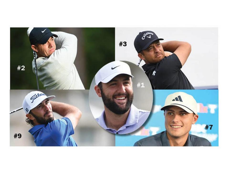 Nine of the eligible top ten ranked golfers are playing this week at the RBC Heritage. Clockwise from top left no. 2 Rory McIlroy, no. 3 Xander Schauffele, no. 7 Ludvig Aberg and no. 9 ranked Max Homa. In the center is the world no. 1 Scottie Scheffler.