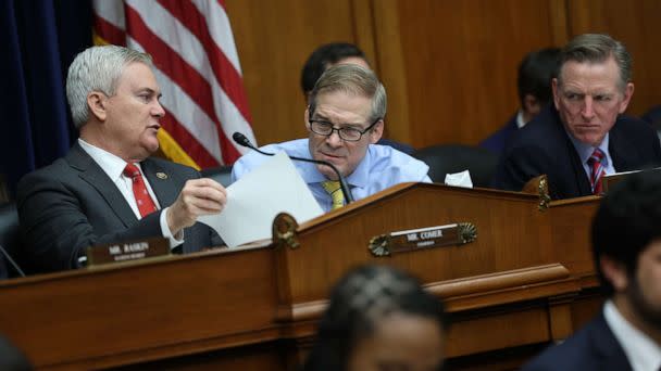 PHOTO: Rep. James Comer, Chairman of the House Oversight and Reform Committee, Rep. Jim Jordan and Rep. Paul Gosar participate in a meeting of the House Oversight and Reform Committee in the Rayburn House Office Building, Jan. 31, 2023. (Kevin Dietsch/Getty Images)