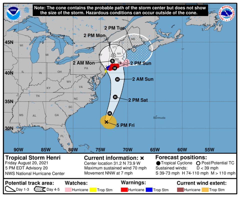 Tropical Storm Henri is expected to make landfall in New England as a Category 1 hurricane Sunday afternoon.