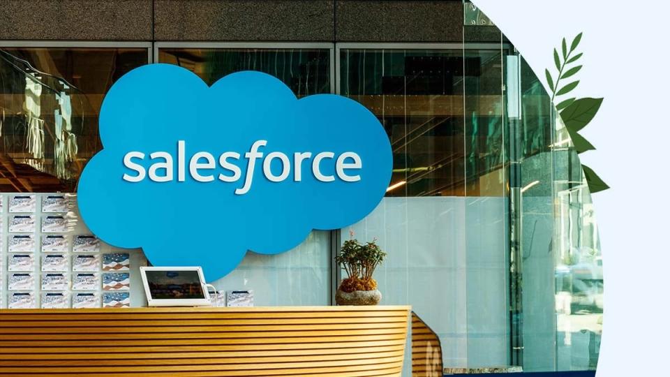  Salesforce logo above reception desk. 