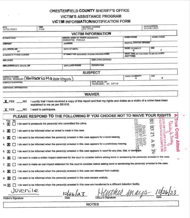 This victim notification form was in the case file for Belisario Mazariegos when we inspected the file in November. It shows the victim asked to provide a written statement before Mazariegos’ bond setting on Oct. 26, 2023. (Source: Chesterfield County Clerk of Court)