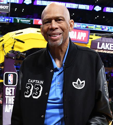 <p>Allen Berezovsky/Getty</p> Kareem Abdul-Jabbar attends a Lakers game in February