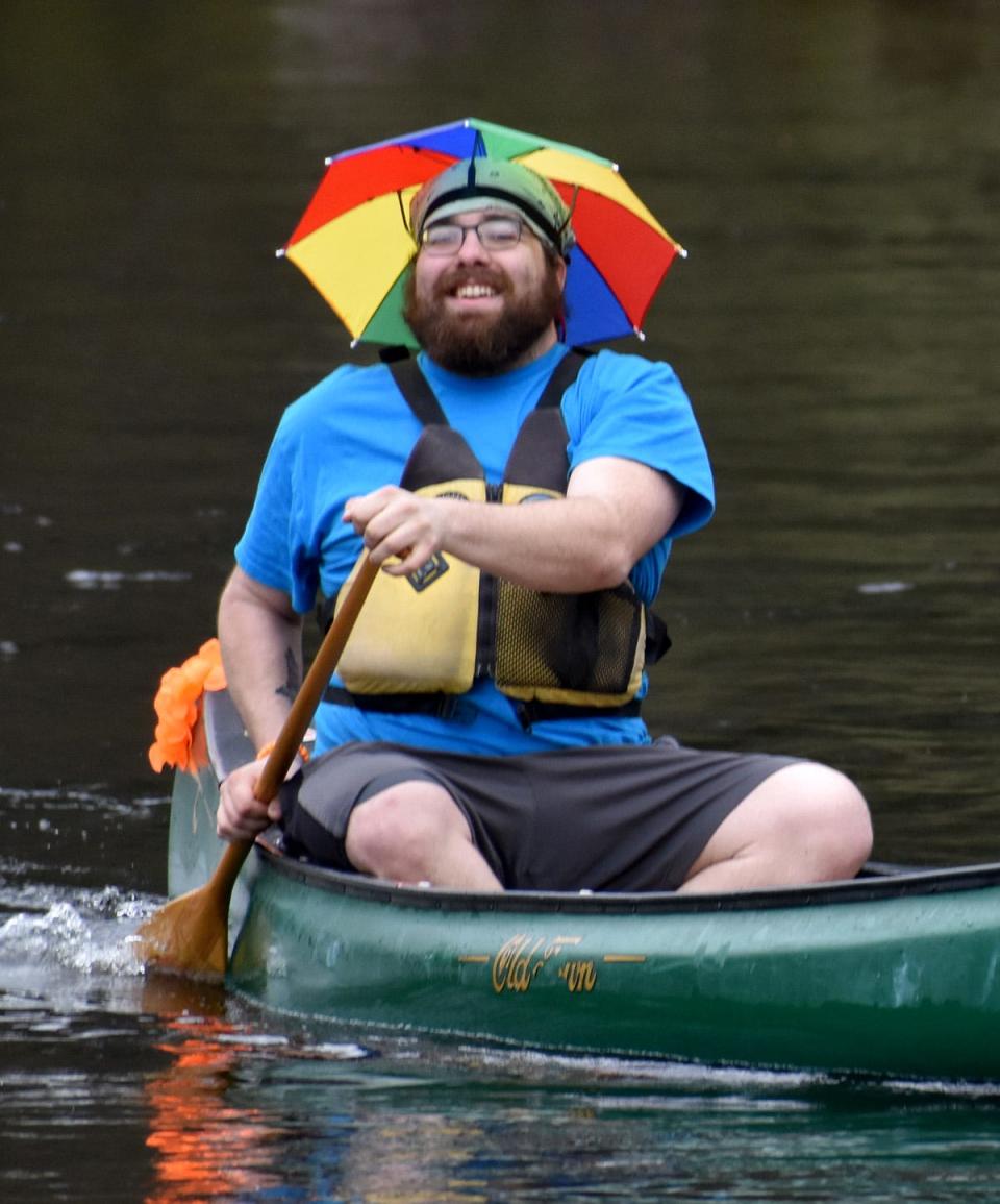 Luke Reno is all smiles as he and his paddling partner Denise Marcel finish up the 2024 Wayne County Canoe Classic.