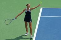 Aug 19, 2017; Mason, OH, USA; Karolina Pliskova (CZE) serves against Garbine Muguruza (ESP) during the Western and Southern Open at the Lindner Family Tennis Center. Mandatory Credit: Aaron Doster-USA TODAY Sports