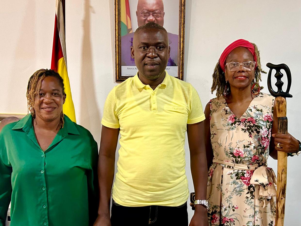 The mayor of Cape Coast Ghana Ernest Arthur (middle) pictured with the co-founder of Tybee MLK Julia Pearce (right) and Josephine Lomotey Tybee MLK Liaison to Cape Coast Ghana.