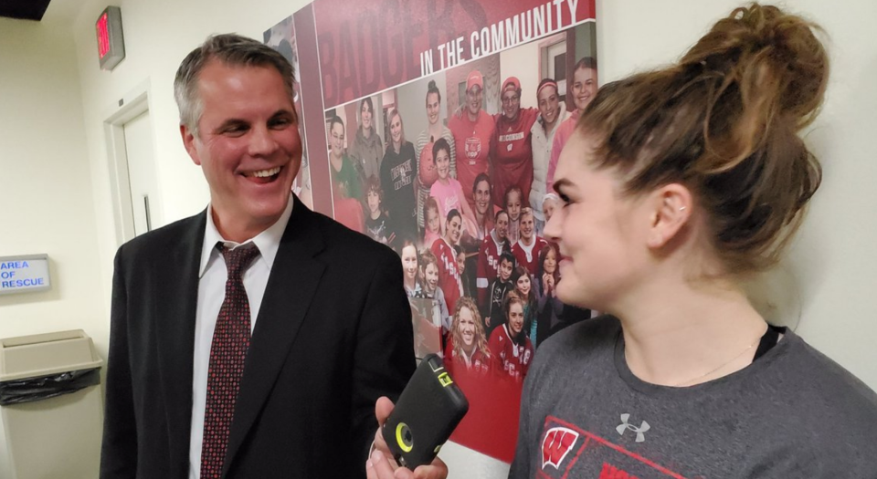 Brian Posick interviews his daughter, Maddie Posick, after scoring her first collegiate goal. (Twitter // @ToddMilewski)