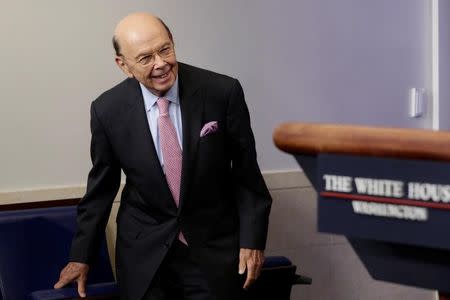 U.S. Commerce Secretary Wilbur Ross takes a seat after speaking about new tariffs on Canadian softwood lumber from the White House in Washington, U.S. April 25, 2017. REUTERS/Yuri Gripas