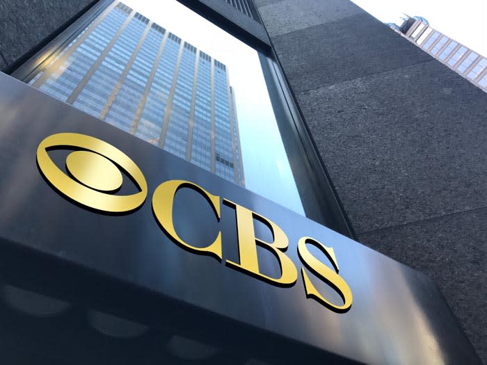 The outside of the CBS building with the CBS logo.