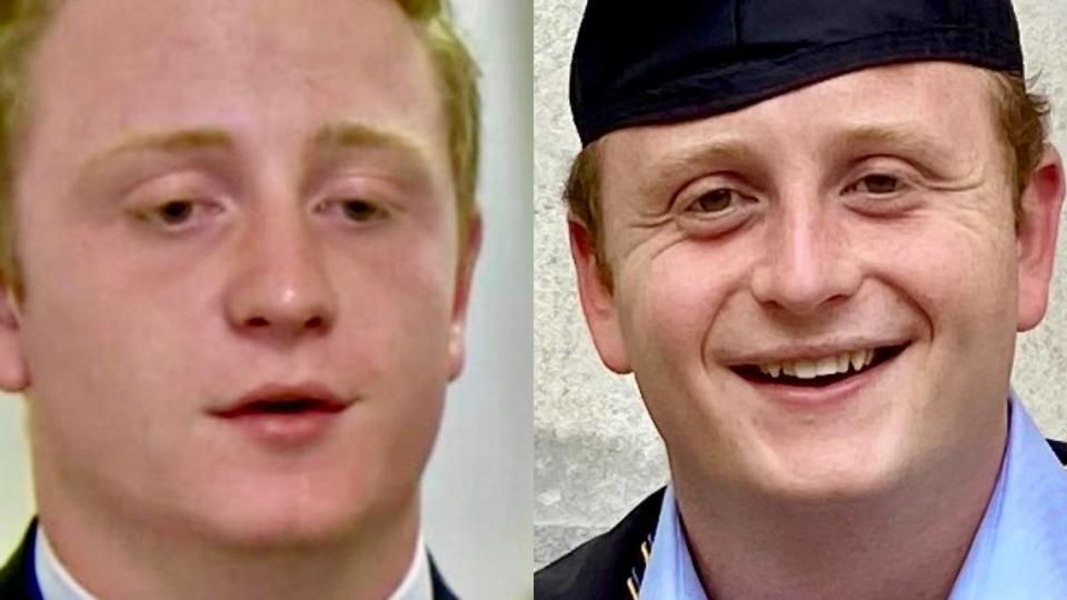 Jacob Hale was an Austin high school student in 2019, left, when he asked the Texas House to do away with the Confederate Heroes Day holiday. He is now in law school at Vanderbilt, right.