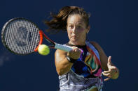 FILE - Daria Kasatkina, of Russia, hits a forehand to Shelby Rogers, of the United States, during the singles final at the Mubadala Silicon Valley Classic tennis tournament in San Jose, Calif., Sunday, Aug. 7, 2022. Kasatkina is expected to compete in the season-ending WTA Finals that begin Monday, Oct. 31, 2022, in Fort Worth, Texas. (AP Photo/Godofredo A. Vásquez, File)