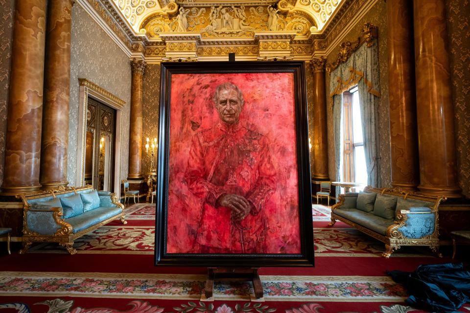 LONDON, ENGLAND - MAY 14: The portrait of the King Charles III by artist Jonathan Yeo is unveiled in the blue drawing room at Buckingham Palace on May 14, 2024 in London, England. The portrait was commissioned in 2020 to celebrate the then Prince of Wales's 50 years as a member of The Drapers' Company in 2022. The artwork depicts the King wearing the uniform of the Welsh Guards, of which he was made Regimental Colonel in 1975. The canvas size - approximately 8.5 by 6.5 feet when framed - was carefully considered to fit within the architecture of Drapers' Hall and the context of the paintings it will eventually hang alongside. Jonathan Yeo had four sittings with the King, beginning when he was Prince of Wales in June 2021 at Highgrove, and later at Clarence House. The last sitting took place in November 2023 at Clarence House. Yeo also worked from drawings and photographs he took, allowing him to work on the portrait in his London studio between sittings. (Photo by Aaron Chown-WPA Pool/Getty Images)