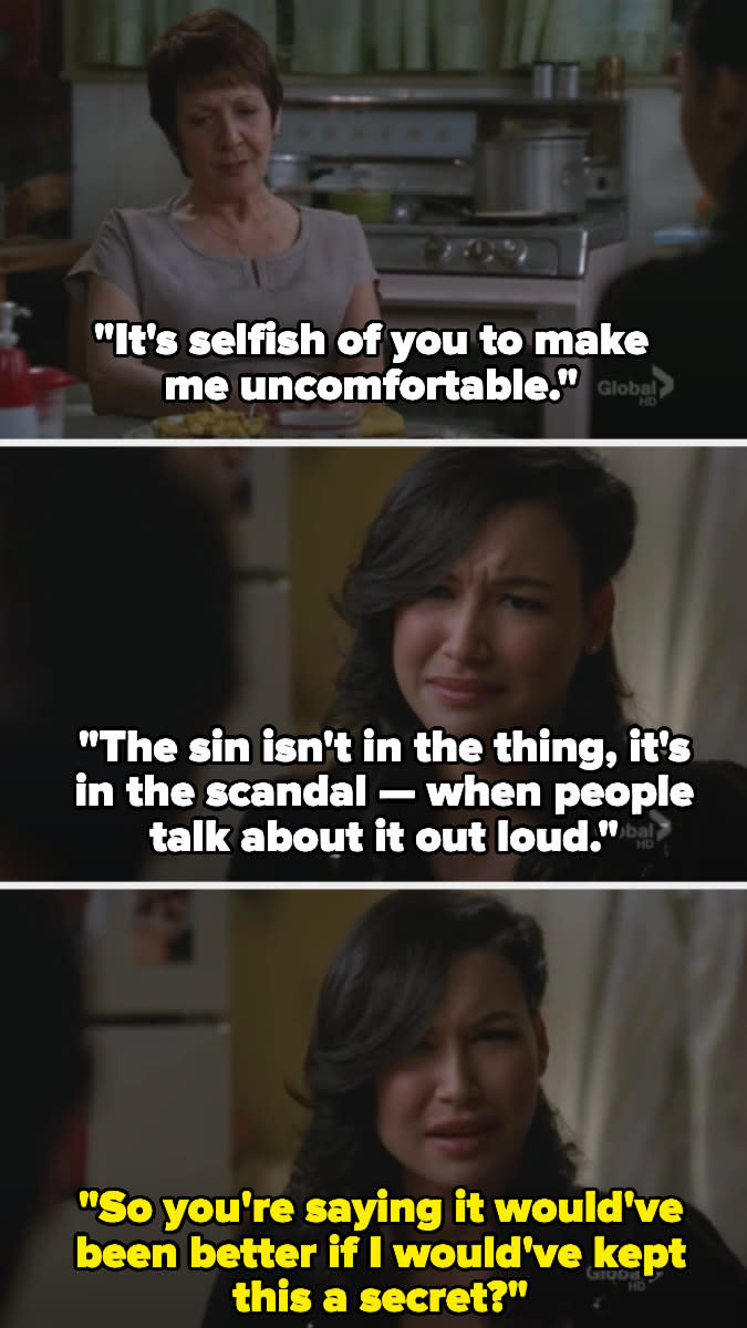 on glee, santana's grandma says it was selfish for her to come out and make her uncomfortable, and that santana should've kept it a secret