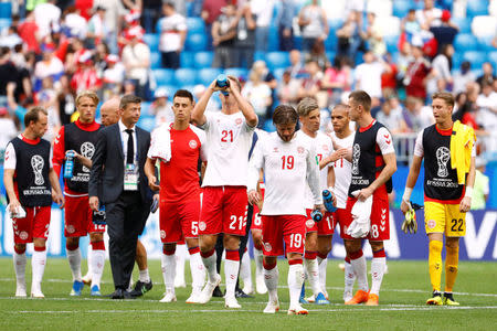 Soccer Football - World Cup - Group C - Denmark vs Australia - Samara Arena, Samara, Russia - June 21, 2018 Denmark's Lasse Schone and team mates after the match REUTERS/Michael Dalder