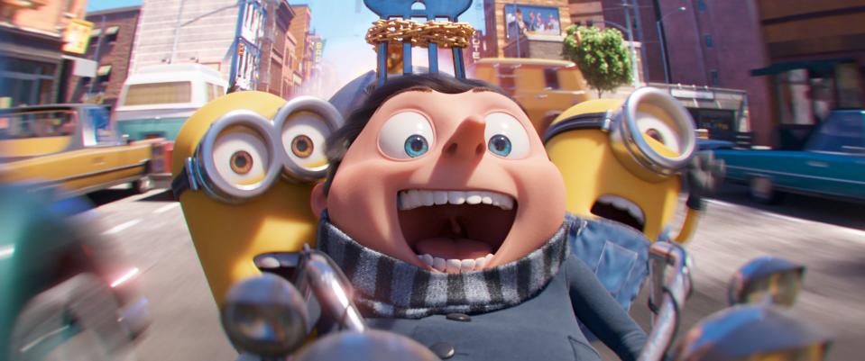 This image released by Illumination Entertainment and Universal Pictures shows characters, from left, Kevin, Gru, voiced by Steve Carell and Stuart in a scene from "Minions: The Rise of Gru."  Universal Pictures said Thursday, March 19, 2020, that the animated film will not be completed by July 3 due to circumstances surrounding the coronavirus. (Illumination Entertainment and Universal Pictures via AP)