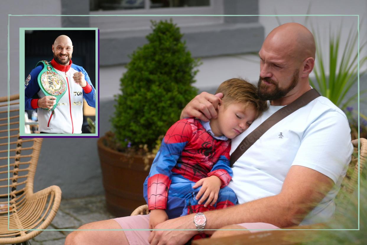  Tyson Fury drop in and main image of Tyson Fury cradling his son who is wearing a spider man outfit 